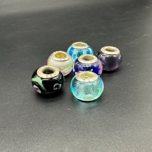 Glass Beads Sterling Silver 925 Colorful Charms For Bracelet Necklace Lot Of 6 - Picture 1 of 7